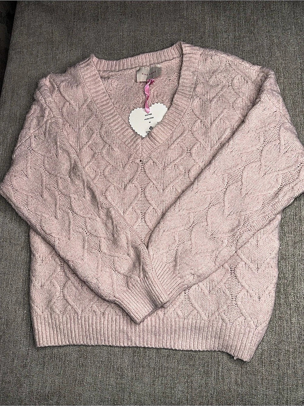 Pink Rose Hush Pink Cable Knit V-Neck Sweater M NWT Read Description